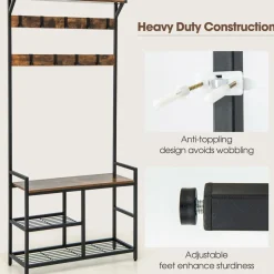 Tangkula Hall Tree with Bench and Shoe Storage, 3-in-1 Industrial Entryway Bench with Coat Rack