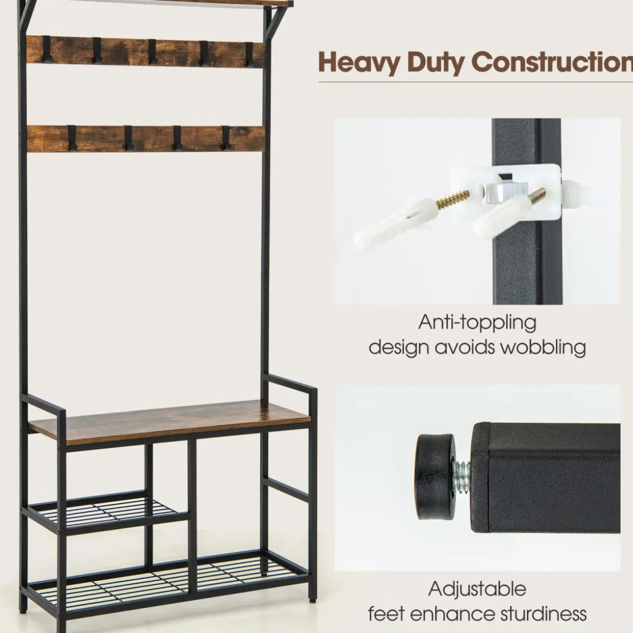 Tangkula Hall Tree with Bench and Shoe Storage, 3-in-1 Industrial Entryway Bench with Coat Rack