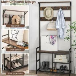 Tangkula Hall Tree with Bench and Shoe Storage, 3-in-1 Industrial Entryway Bench with Coat Rack