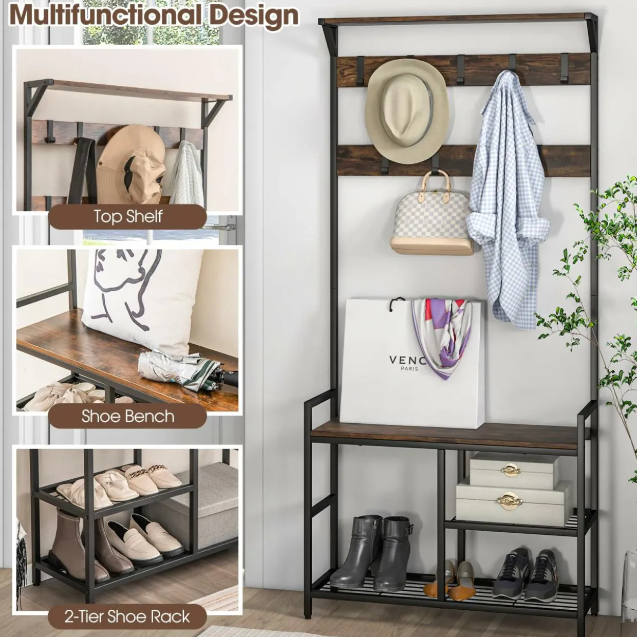 Tangkula Hall Tree with Bench and Shoe Storage, 3-in-1 Industrial Entryway Bench with Coat Rack