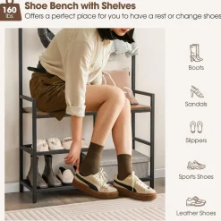 Tangkula Hall Tree with Bench and Shoe Storage, 3-in-1 Industrial Entryway Bench with Coat Rack