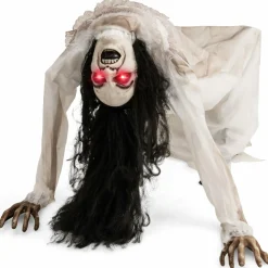 Tangkula Halloween Animated Crawling Woman with LED Eyes, Animatronic Zombie Woman Crawler with Vocally Triggered Sound & Motion Effects
