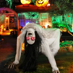 Tangkula Halloween Animated Crawling Woman with LED Eyes, Animatronic Zombie Woman Crawler with Vocally Triggered Sound & Motion Effects