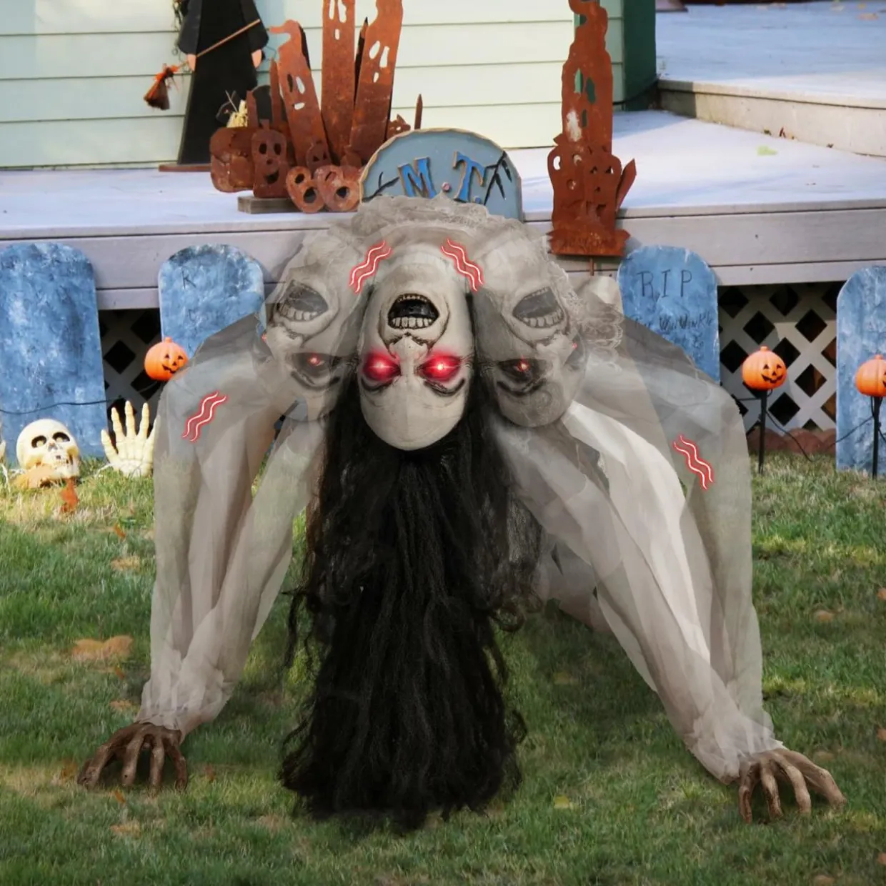Tangkula Halloween Animated Crawling Woman with LED Eyes, Animatronic Zombie Woman Crawler with Vocally Triggered Sound & Motion Effects