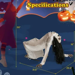 Tangkula Halloween Animated Crawling Woman with LED Eyes, Animatronic Zombie Woman Crawler with Vocally Triggered Sound & Motion Effects
