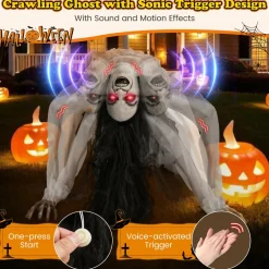 Tangkula Halloween Animated Crawling Woman with LED Eyes, Animatronic Zombie Woman Crawler with Vocally Triggered Sound & Motion Effects