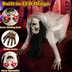 Tangkula Halloween Animated Crawling Woman with LED Eyes, Animatronic Zombie Woman Crawler with Vocally Triggered Sound & Motion Effects