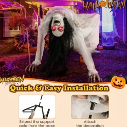 Tangkula Halloween Animated Crawling Woman with LED Eyes, Animatronic Zombie Woman Crawler with Vocally Triggered Sound & Motion Effects