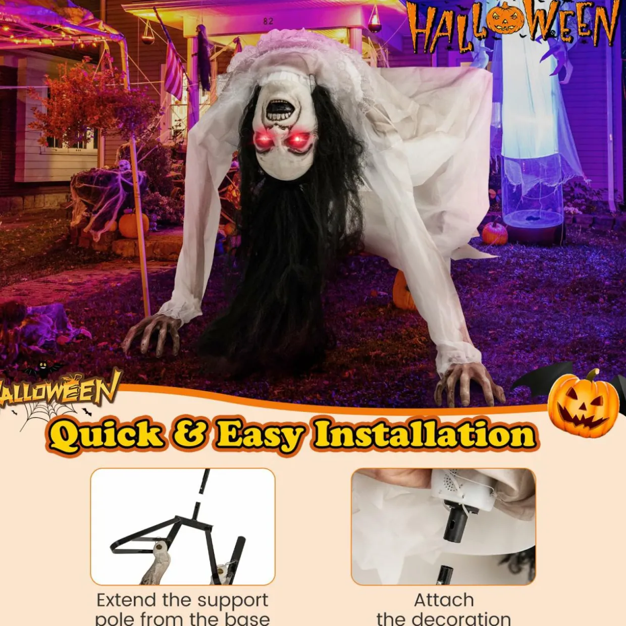 Tangkula Halloween Animated Crawling Woman with LED Eyes, Animatronic Zombie Woman Crawler with Vocally Triggered Sound & Motion Effects