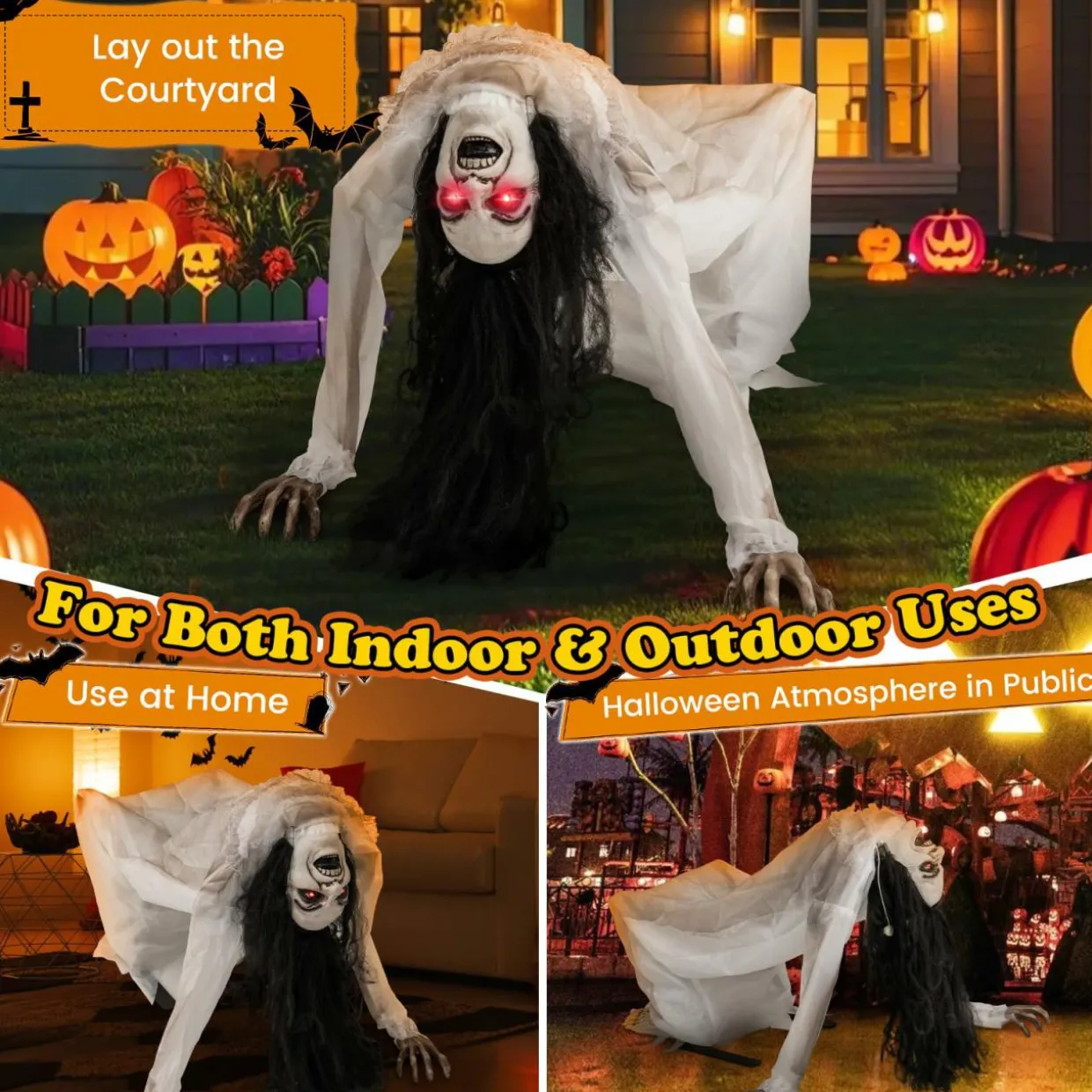 Tangkula Halloween Animated Crawling Woman with LED Eyes, Animatronic Zombie Woman Crawler with Vocally Triggered Sound & Motion Effects