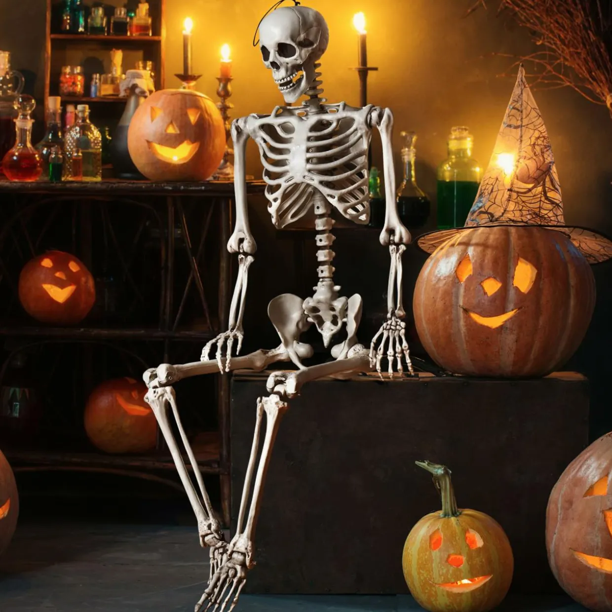 Tangkula Halloween Life Size Full Body Skeleton, 5.4Ft Festival Skeleton Prop Decoration