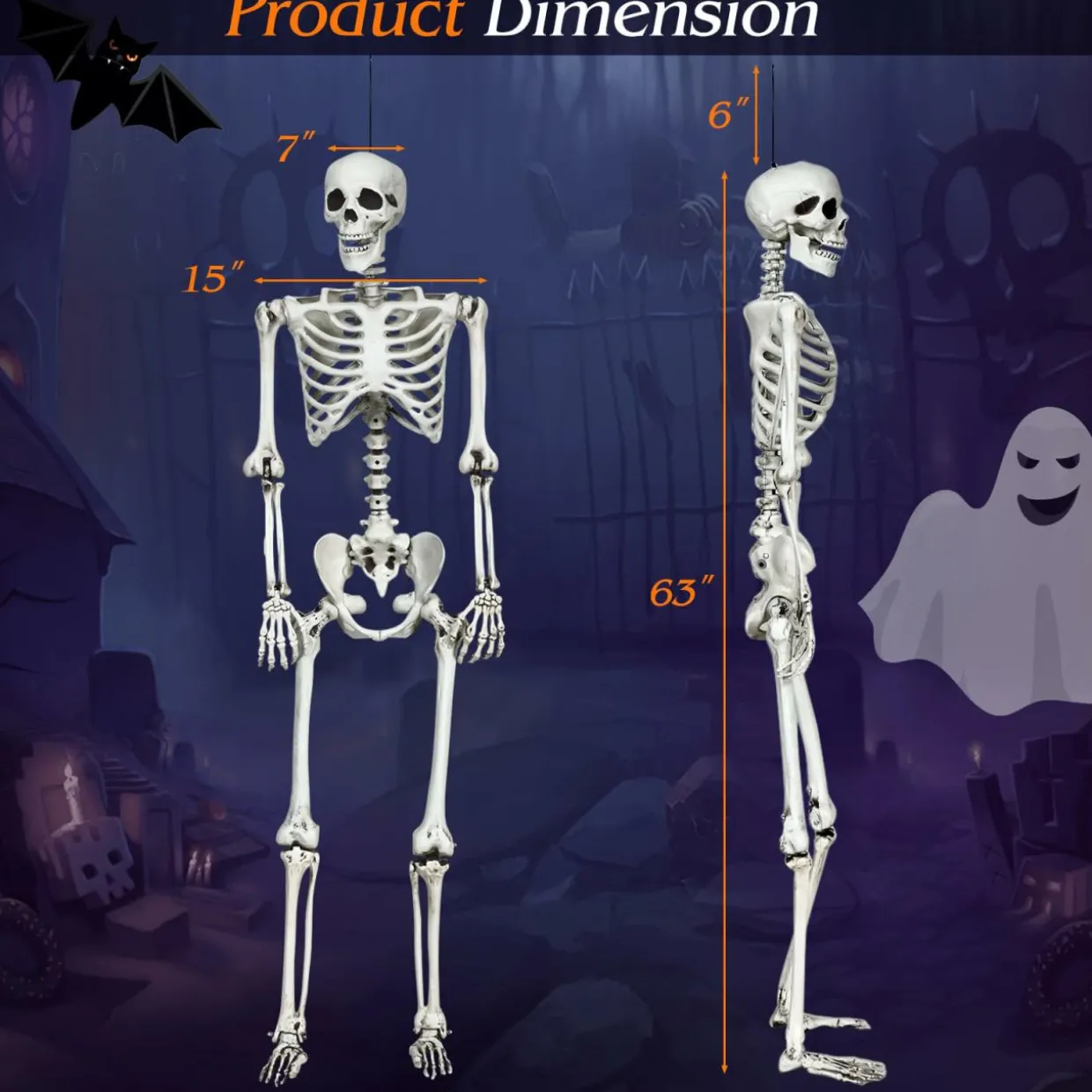 Tangkula Halloween Life Size Full Body Skeleton, 5.4Ft Festival Skeleton Prop Decoration