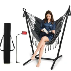 Tangkula Hammock Chair with Stand, Bohemian Style Height Macrame Swing Chair with Stand