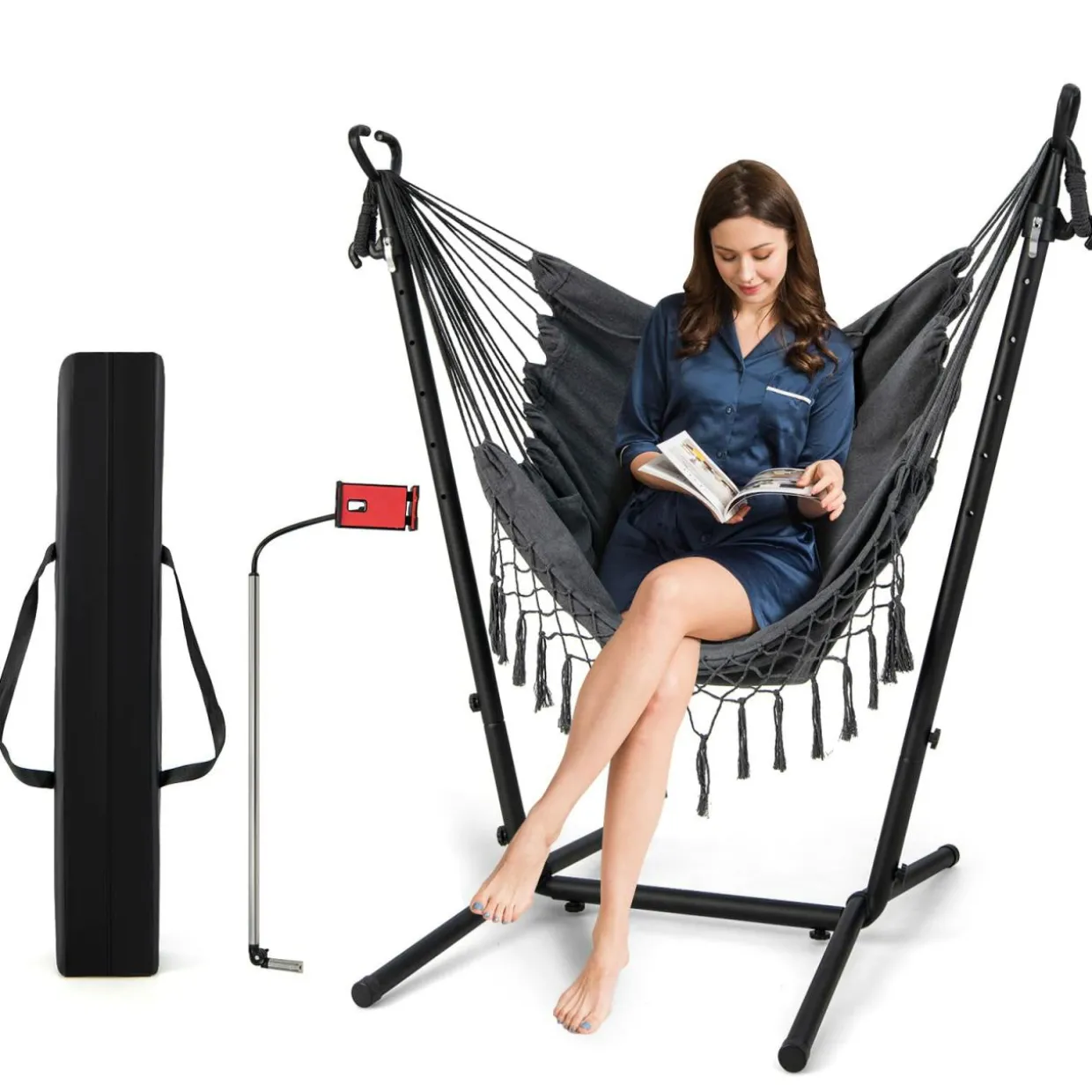 Tangkula Hammock Chair with Stand, Bohemian Style Height Macrame Swing Chair with Stand