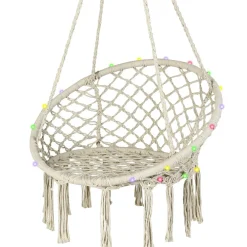 Tangkula Hammock Chair with Lights, Macrame Swing with Tassels, Handwoven Cotton Rope (Milk White)