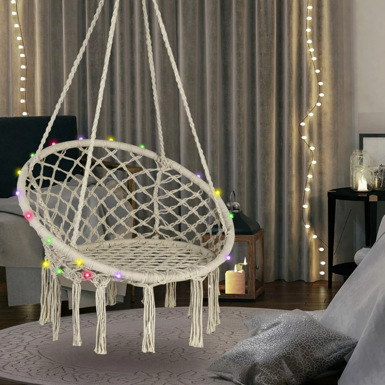 Tangkula Hammock Chair with Lights, Macrame Swing with Tassels, Handwoven Cotton Rope (Milk White)