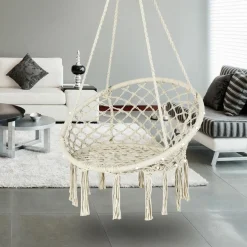 Tangkula Hammock Chair with Lights, Macrame Swing with Tassels, Handwoven Cotton Rope (Milk White)