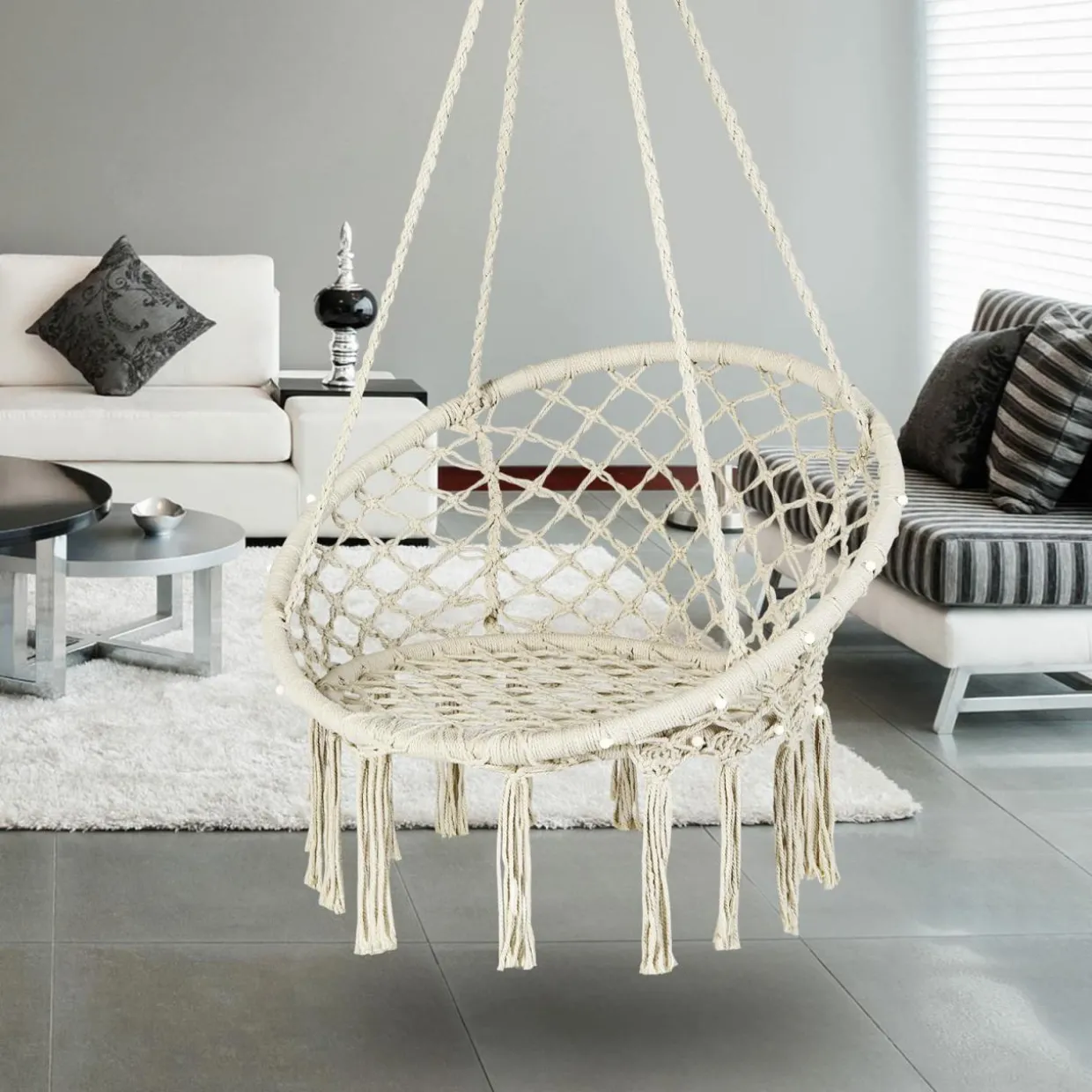 Tangkula Hammock Chair with Lights, Macrame Swing with Tassels, Handwoven Cotton Rope (Milk White)
