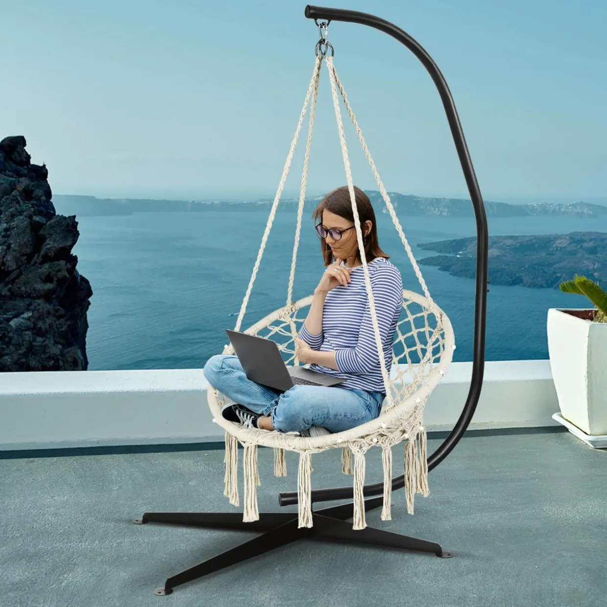 Tangkula Hammock Chair with Lights, Macrame Swing with Tassels, Handwoven Cotton Rope (Milk White)