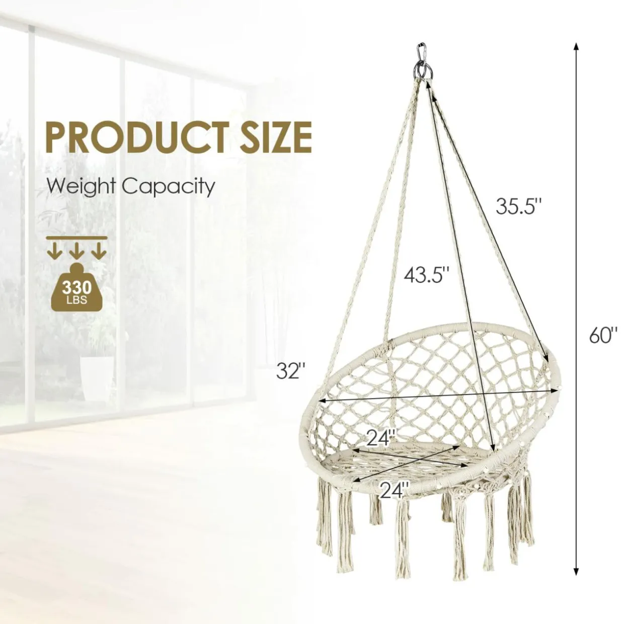 Tangkula Hammock Chair with Lights, Macrame Swing with Tassels, Handwoven Cotton Rope (Milk White)