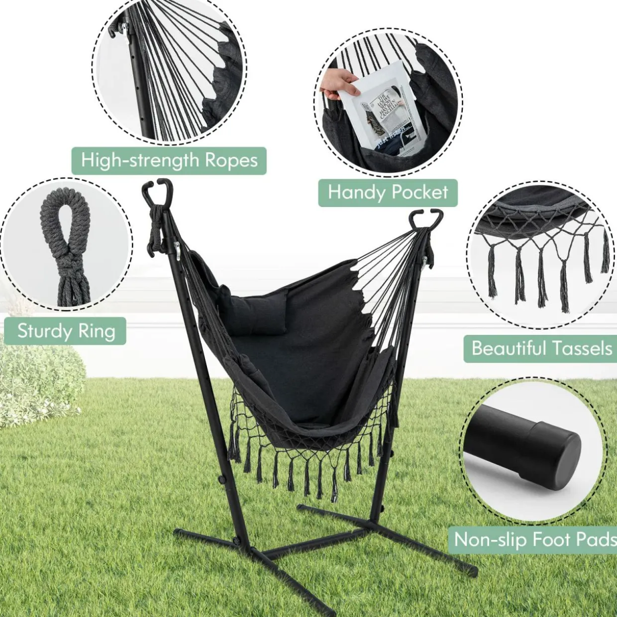 Tangkula Hammock Chair with Stand, Bohemian Style Height Macrame Swing Chair with Stand