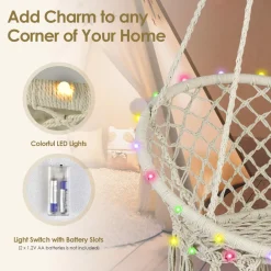 Tangkula Hammock Chair with Lights, Macrame Swing with Tassels, Handwoven Cotton Rope (Milk White)