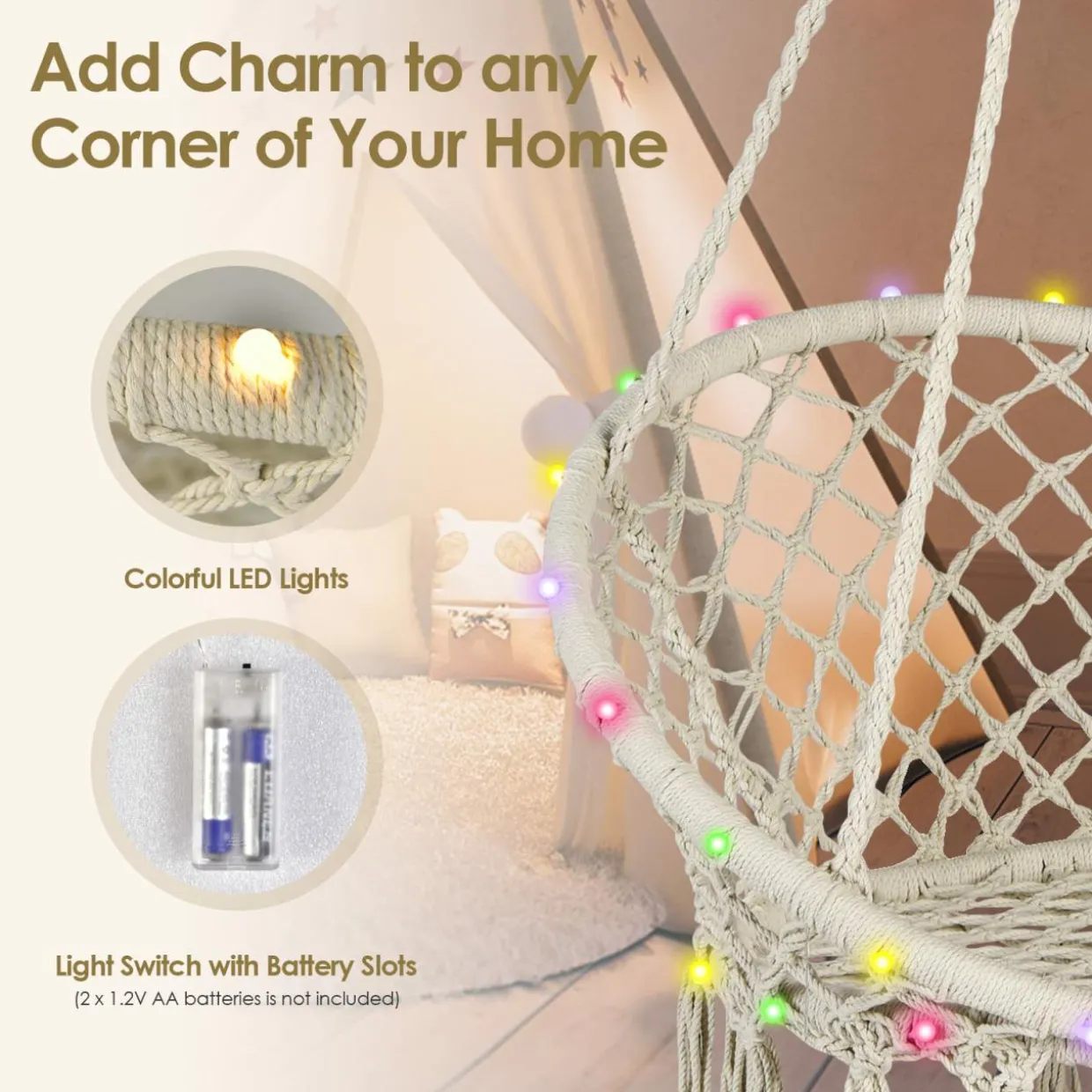 Tangkula Hammock Chair with Lights, Macrame Swing with Tassels, Handwoven Cotton Rope (Milk White)