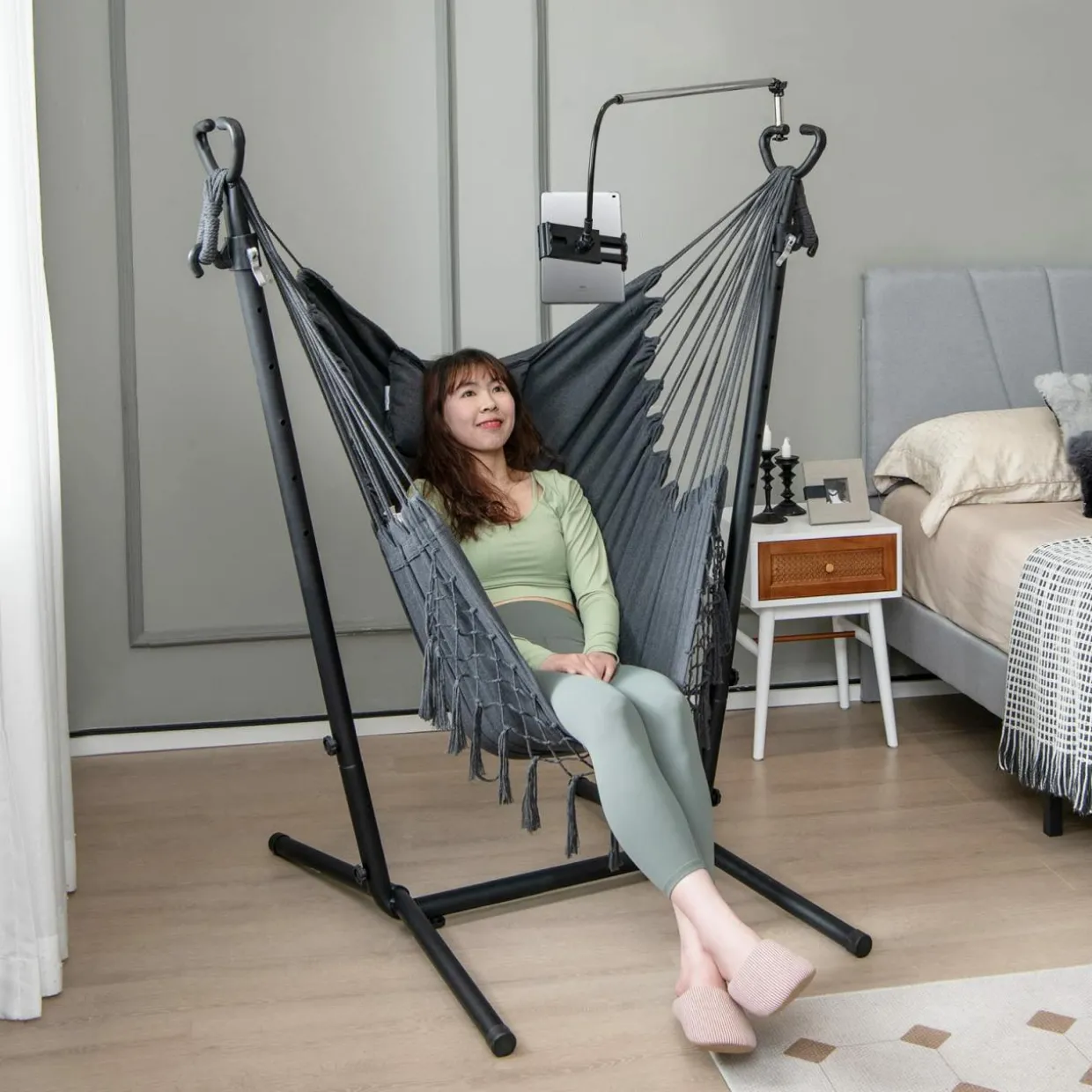 Tangkula Hammock Chair with Stand, Bohemian Style Height Macrame Swing Chair with Stand