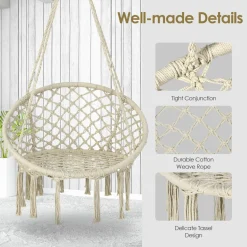 Tangkula Hammock Chair with Lights, Macrame Swing with Tassels, Handwoven Cotton Rope (Milk White)