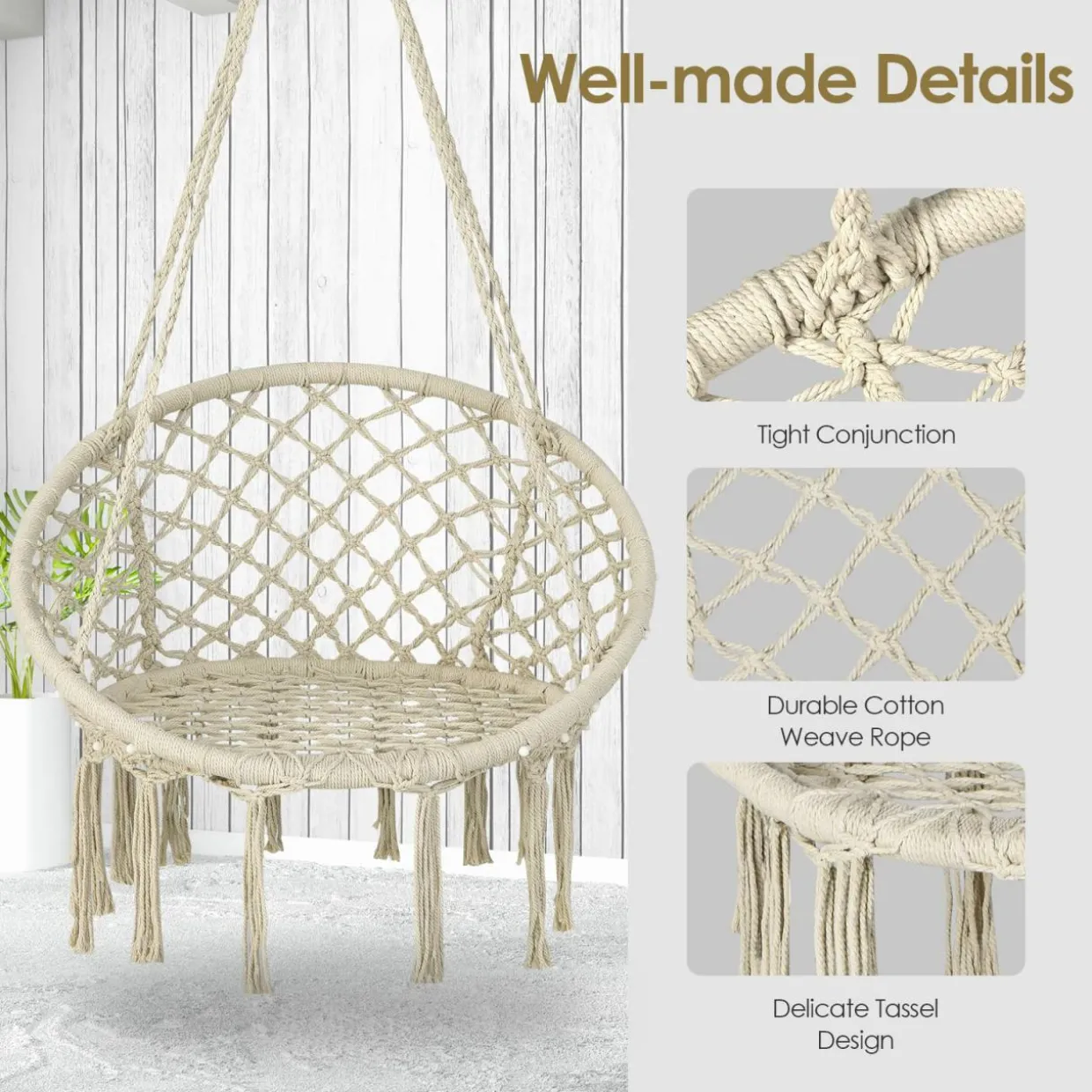 Tangkula Hammock Chair with Lights, Macrame Swing with Tassels, Handwoven Cotton Rope (Milk White)