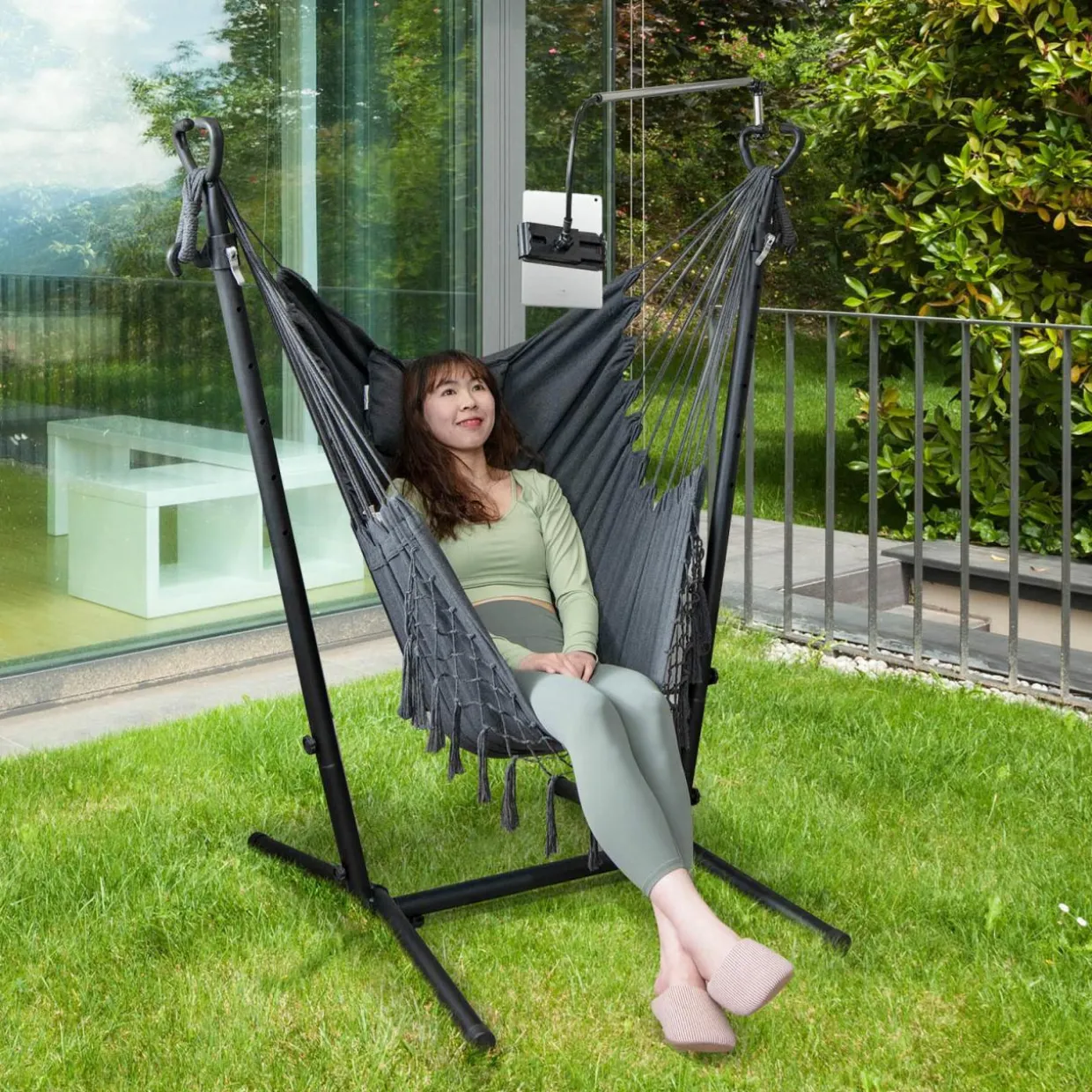 Tangkula Hammock Chair with Stand, Bohemian Style Height Macrame Swing Chair with Stand