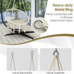 Tangkula Hammock Chair with Lights, Macrame Swing with Tassels, Handwoven Cotton Rope (Milk White)