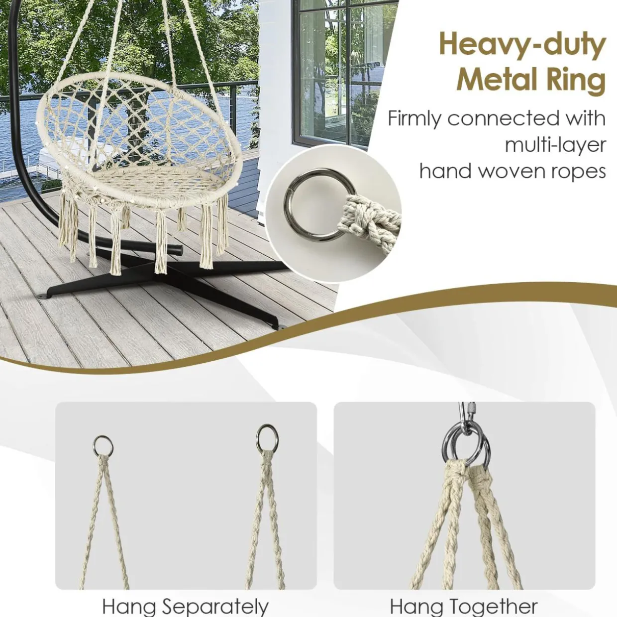 Tangkula Hammock Chair with Lights, Macrame Swing with Tassels, Handwoven Cotton Rope (Milk White)