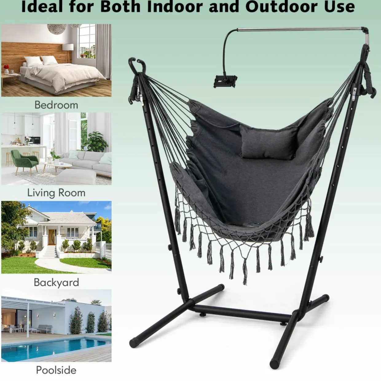 Tangkula Hammock Chair with Stand, Bohemian Style Height Macrame Swing Chair with Stand