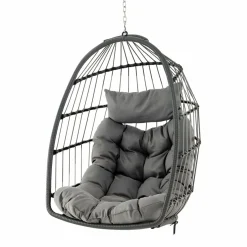 Tangkula Hanging Egg Chair, Foldable Wicker Hammock Chair with Removable Seat Cushion (Without Stand) (Gray)