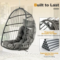 Tangkula Hanging Egg Chair, Foldable Wicker Hammock Chair with Removable Seat Cushion (Without Stand) (Gray)
