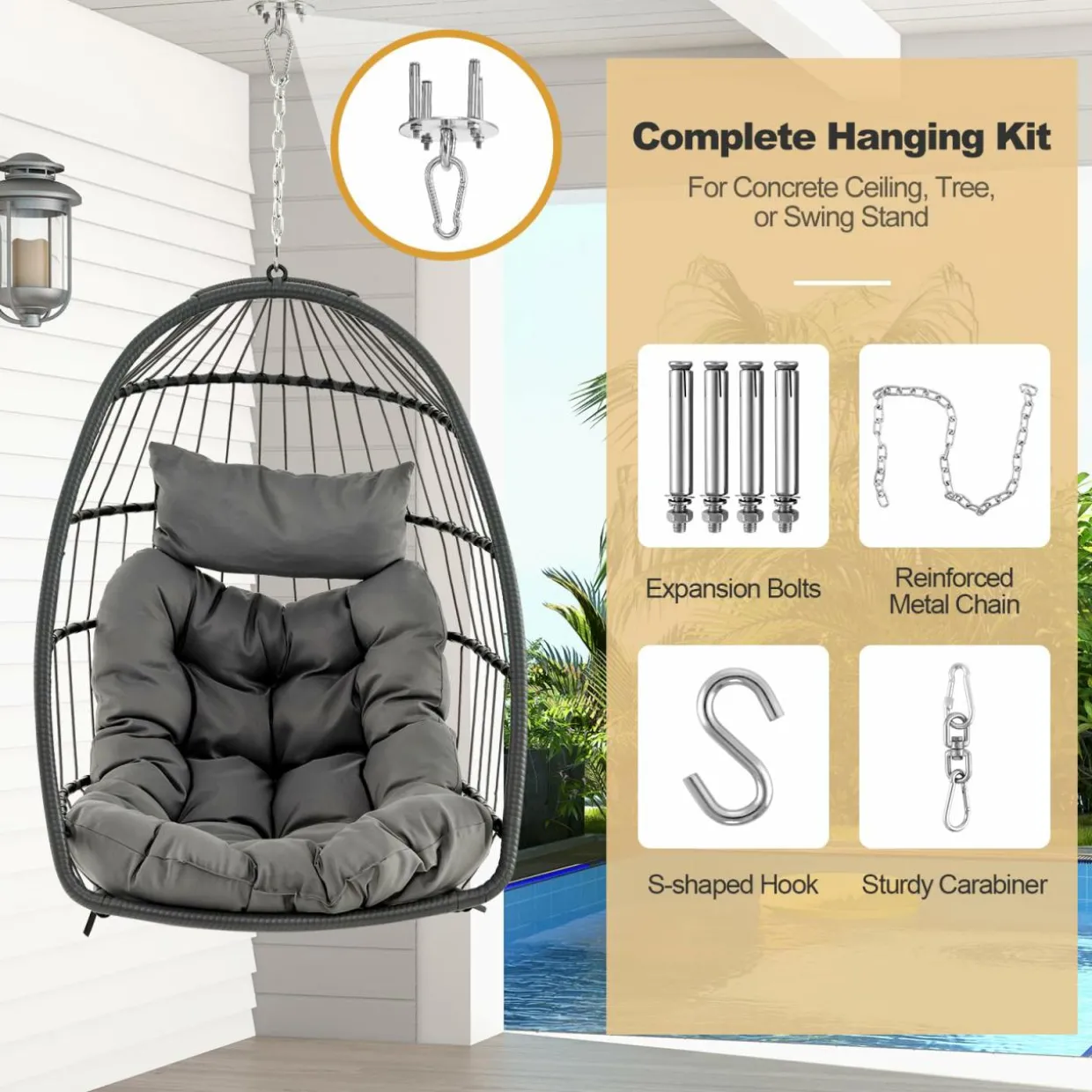 Tangkula Hanging Egg Chair, Foldable Wicker Hammock Chair with Removable Seat Cushion (Without Stand) (Gray)