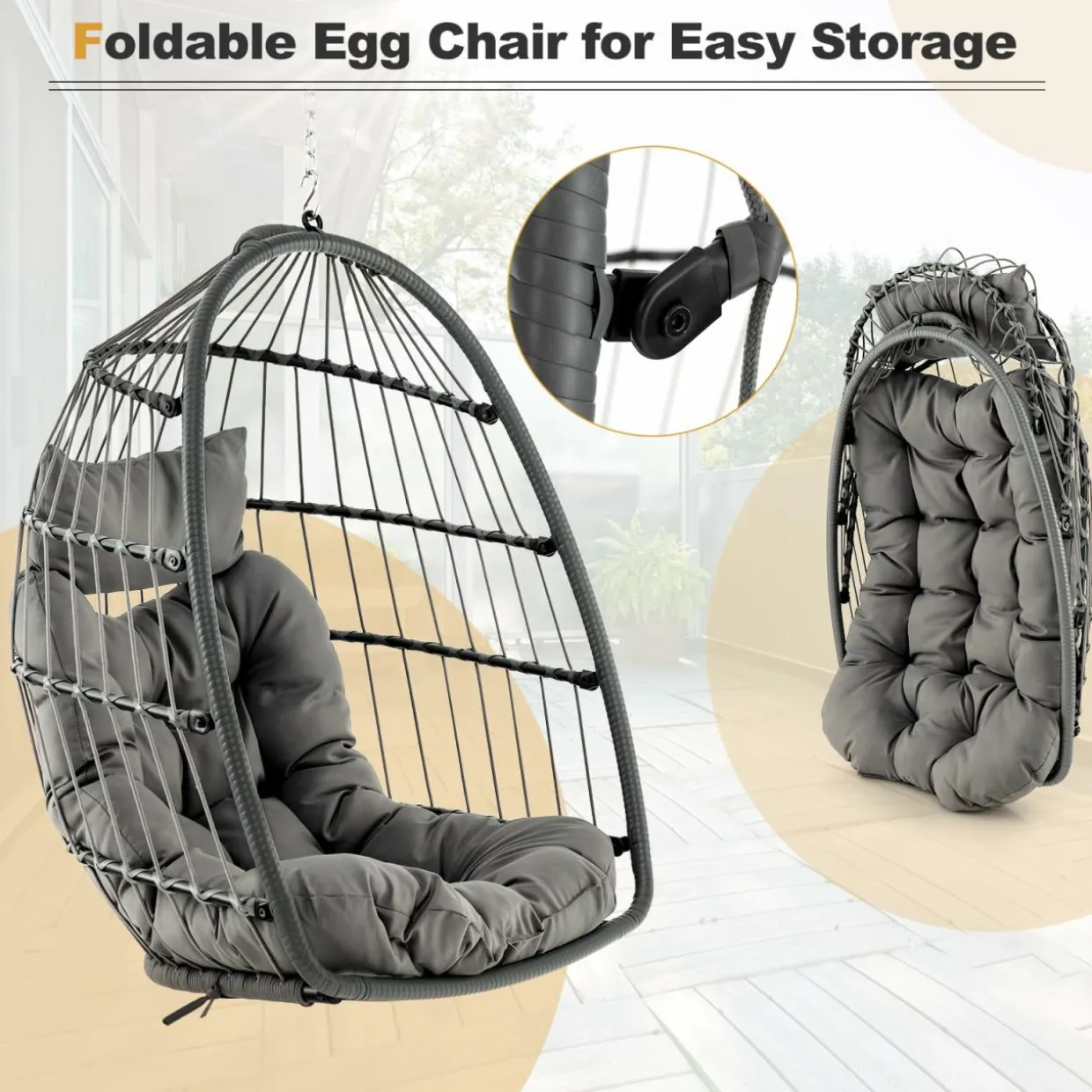Tangkula Hanging Egg Chair, Foldable Wicker Hammock Chair with Removable Seat Cushion (Without Stand) (Gray)