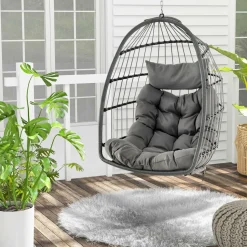 Tangkula Hanging Egg Chair, Foldable Wicker Hammock Chair with Removable Seat Cushion (Without Stand) (Gray)