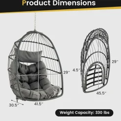 Tangkula Hanging Egg Chair, Foldable Wicker Hammock Chair with Removable Seat Cushion (Without Stand) (Gray)