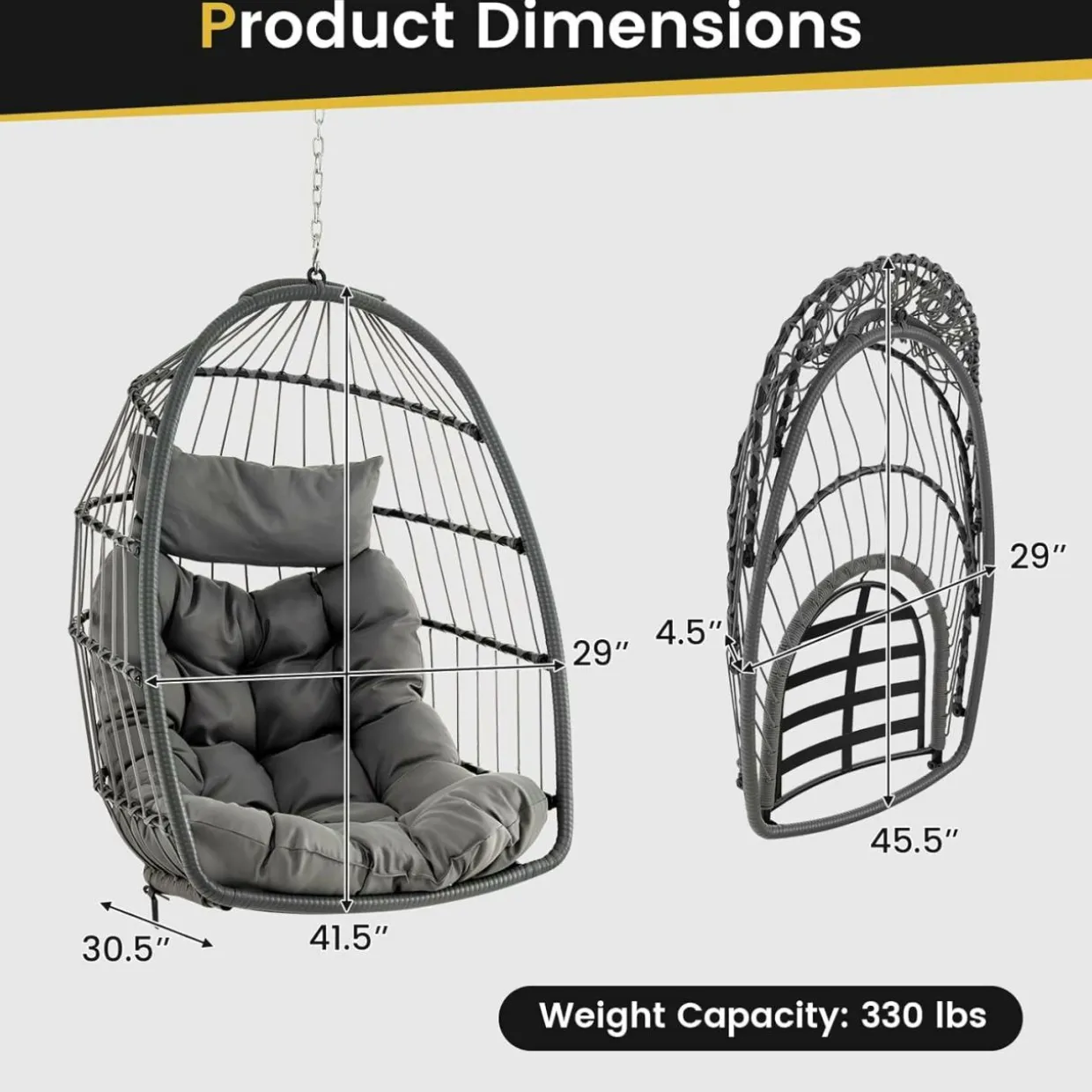 Tangkula Hanging Egg Chair, Foldable Wicker Hammock Chair with Removable Seat Cushion (Without Stand) (Gray)