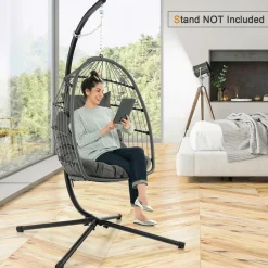 Tangkula Hanging Egg Chair, Foldable Wicker Hammock Chair with Removable Seat Cushion (Without Stand) (Gray)