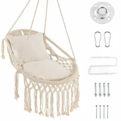 Tangkula Hanging Hammock Chair, Boho Style Hammock Swing with 2 Soft Cushions, Tassels, Mounting Hardware (Beige)
