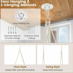 Tangkula Hanging Hammock Chair, Boho Style Hammock Swing with 2 Soft Cushions, Tassels, Mounting Hardware (Beige)