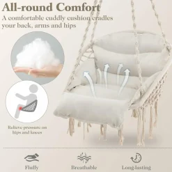 Tangkula Hanging Hammock Chair, Boho Style Macrame Hammock Swing with Soft Cushions, Tassels