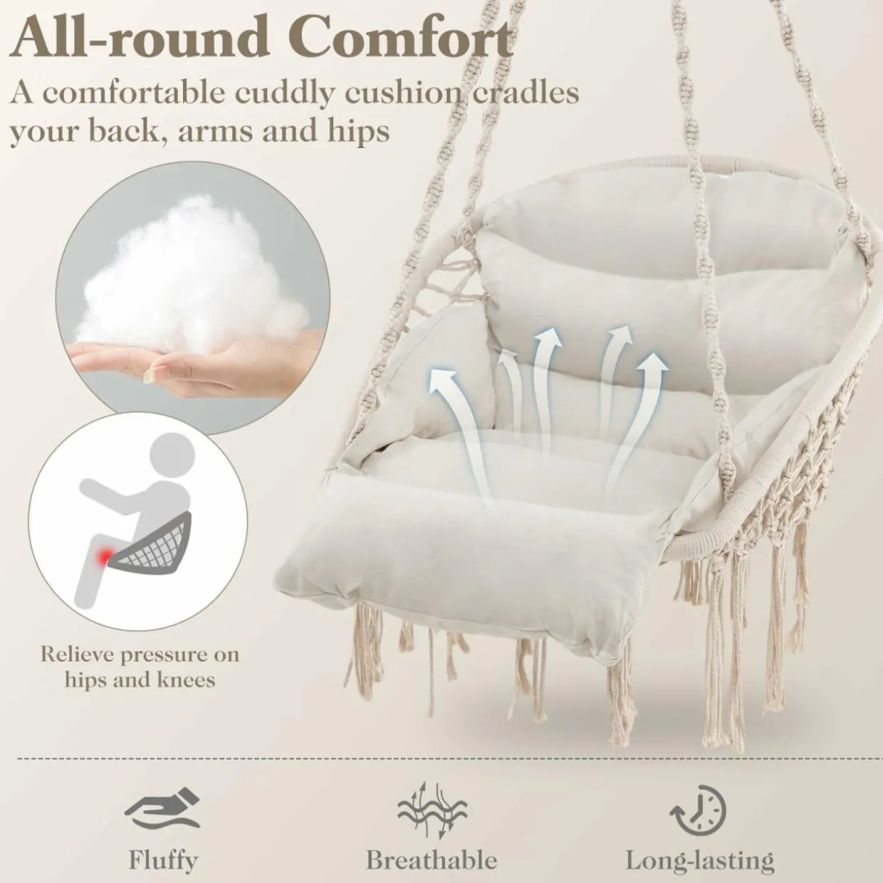 Tangkula Hanging Hammock Chair, Boho Style Macrame Hammock Swing with Soft Cushions, Tassels