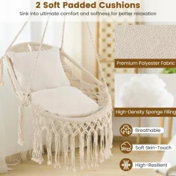 Tangkula Hanging Hammock Chair, Boho Style Hammock Swing with 2 Soft Cushions, Tassels, Mounting Hardware (Beige)