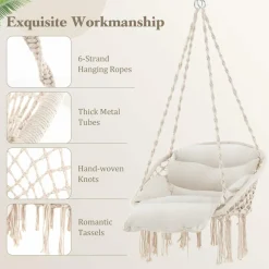 Tangkula Hanging Hammock Chair, Boho Style Macrame Hammock Swing with Soft Cushions, Tassels