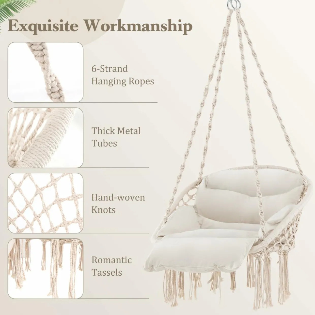 Tangkula Hanging Hammock Chair, Boho Style Macrame Hammock Swing with Soft Cushions, Tassels
