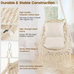 Tangkula Hanging Hammock Chair, Boho Style Hammock Swing with 2 Soft Cushions, Tassels, Mounting Hardware (Beige)